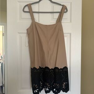 Anthropologie Tan Mini Dress with Black Laser-Cut Hem